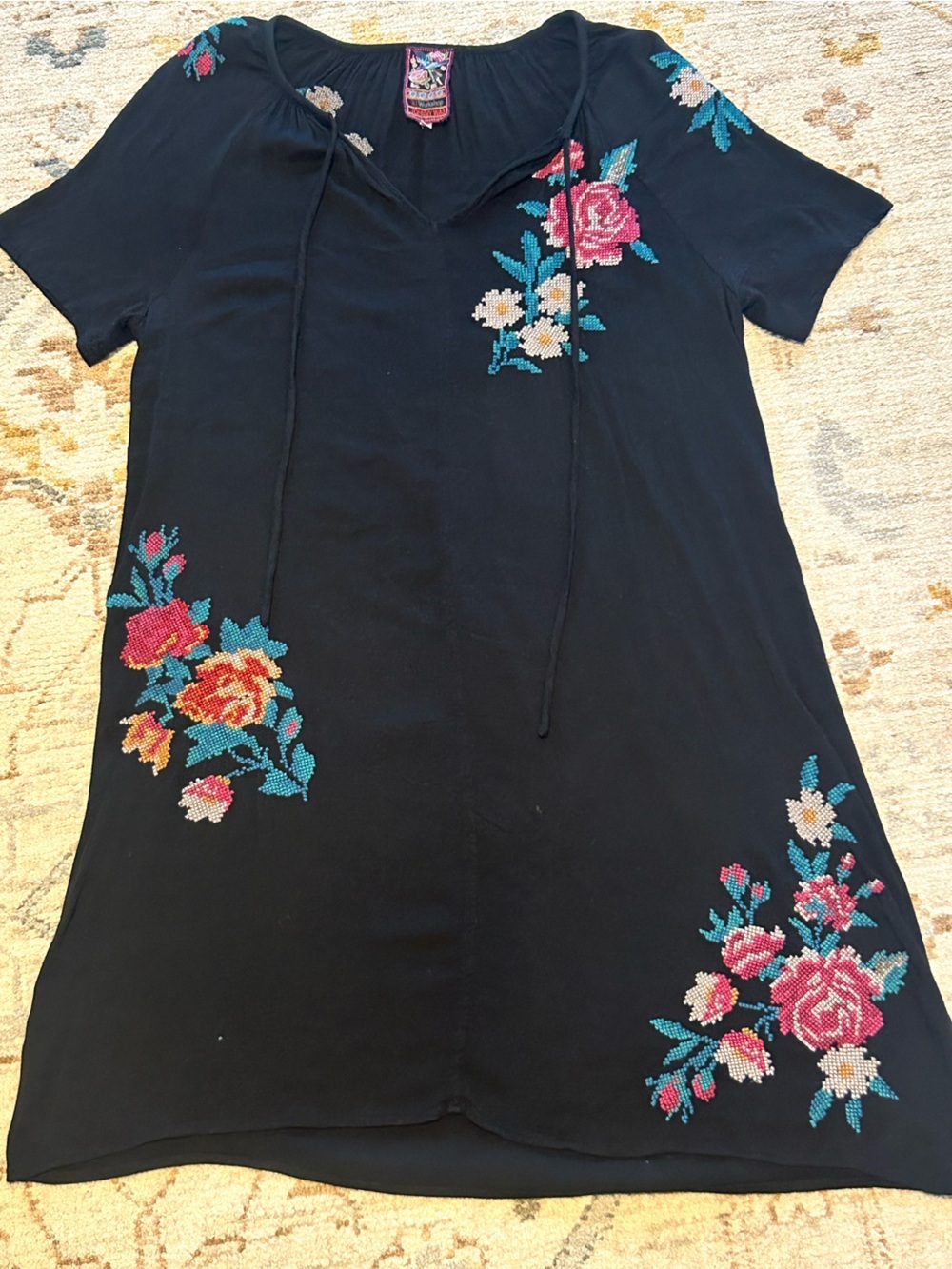 Johnny Was Black Embroidered Peasant Top with Multicolor Accents